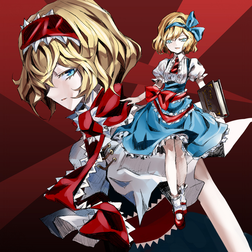 2girls, alice_margatroid, alice_margatroid_(pc-98), blonde_hair, book, dual_persona, hair_ribbon, hairband