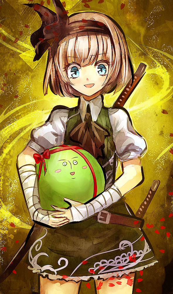 1girl, bandages, belt, blue_eyes, gift, hair_ribbon, katana, konpaku_youmu, kozou_(soumuden), looking_at_viewer, open_mouth, petals, puffy_sleeves, quality_cabbage, ribbon, shirt, short_sleeves, silver_hair, skirt, smile, solo, sword, touhou, vest, weapon