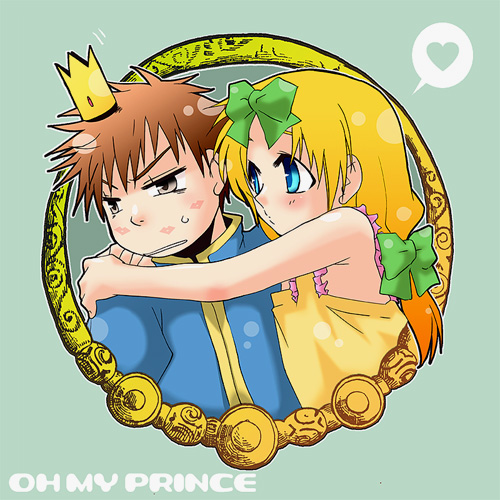 2boys, averted_eyes, blonde_hair, blue_eyes, bow, brown_eyes, brown_hair, butters_stotch