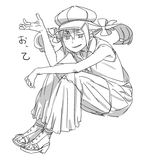 cabbie_hat, dress, hat, knees_up, koujiro_frau, monochrome, robotics;notes, sitting