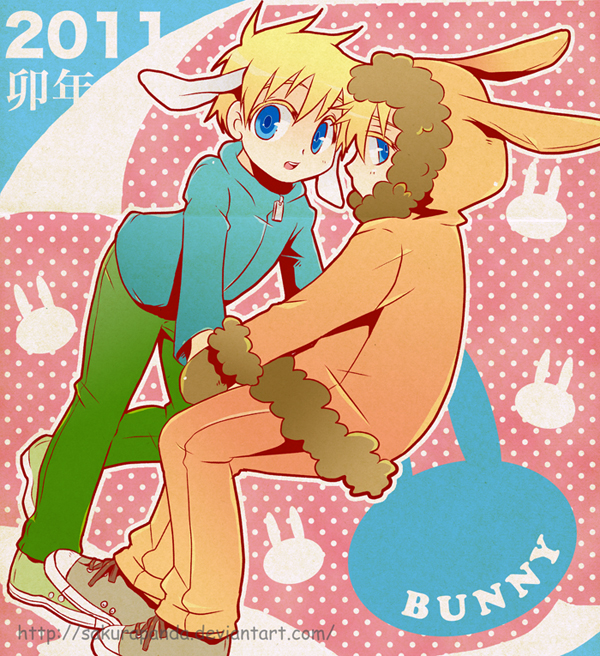 2011, 2boys, animal_ears, blonde_hair, blue_eyes, butters_stotch, coat, couple