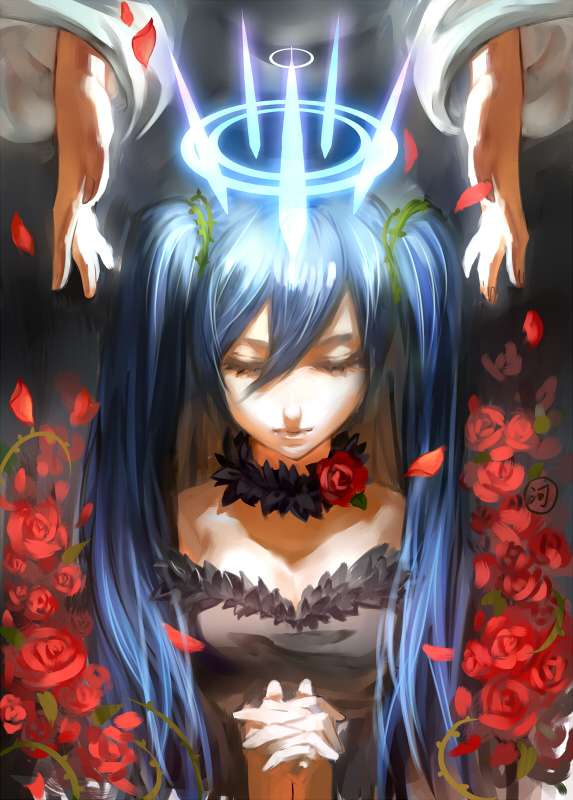 1girl, blue_hair, closed_eyes, flower, halo, hands_clasped, hatsune_miku, linghetuen, rose, twintails, vocaloid