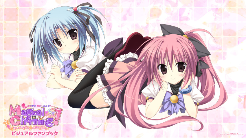 2girls, ahoge, bell, blue_hair, garter_belt, hand_on_own_cheek, highres, korie_riko