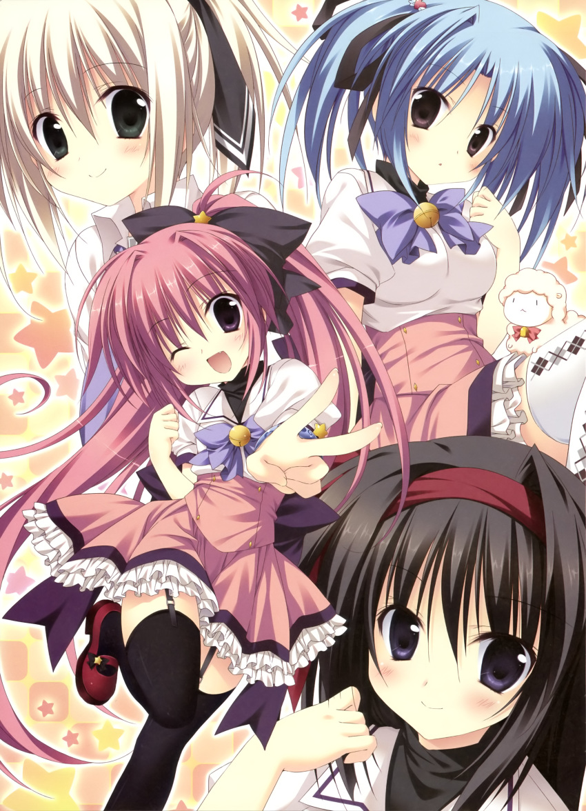 4girls, absurdres, ahoge, alpaca, alpaca-san, bell, black_hair, blue_hair