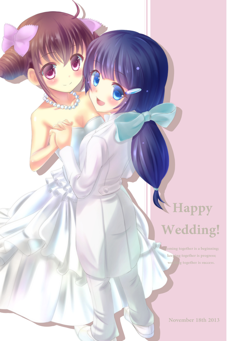 2013, 2girls, aoki_reika, bare_shoulders, blue_eyes, blue_hair, dated, dress