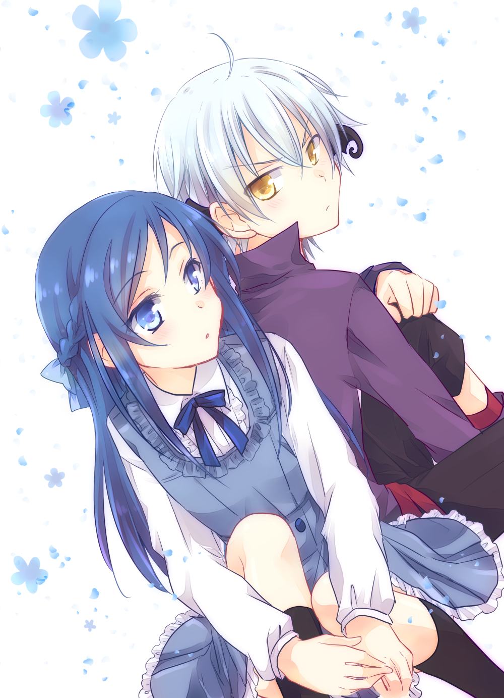 1boy, 1girl, ahoge, blue_dress, blue_eyes, blue_hair, braid, choker