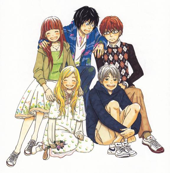 brown_hair, casual, chika_umino, dress, everyone, flower, hanamoto_hagumi, hands, happy, honey_and_clover, long_hair, male, mayama_takumi, morita_shinobu, scan, short_hair, skirt, takemoto_yuuta, yamada_ayumi