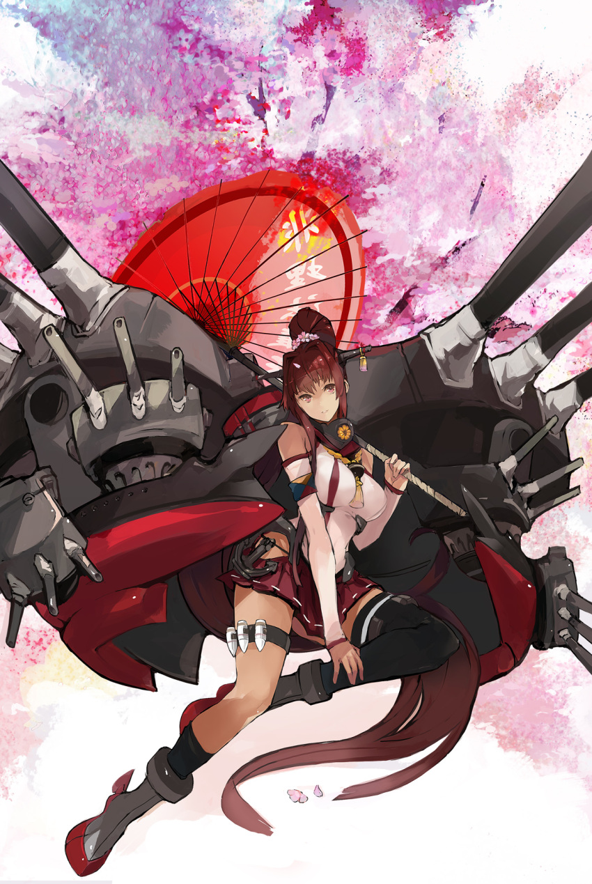 1girl, absurdly_long_hair, bobhit, breasts, brown_eyes, brown_hair, detached_sleeves, flower