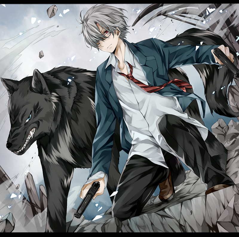 1boy, animal, blouse, blue_eyes, debris, dual_wielding, fangs, glasses, grey_hair, gun, hair_over_one_eye, handgun, kneeling, koubou, necktie, original, red_eyes, ruins, school_uniform, short_hair, weapon, wolf