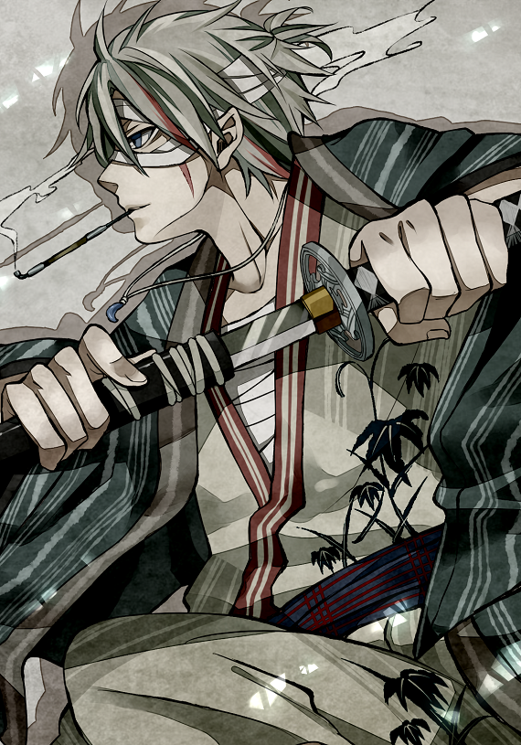 1boy, bandage_over_one_eye, bandages, blue_eyes, grey_eyes, grey_hair, haori, japanese_clothes, katana, koubou, multicolored_hair, original, pipe, scar, short_hair, smoke, smoking, solo, sword, weapon