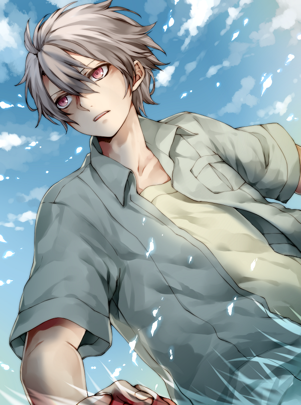 1boy, clouds, cloudy_sky, dutch_angle, grey_hair, jacket, koubou, original