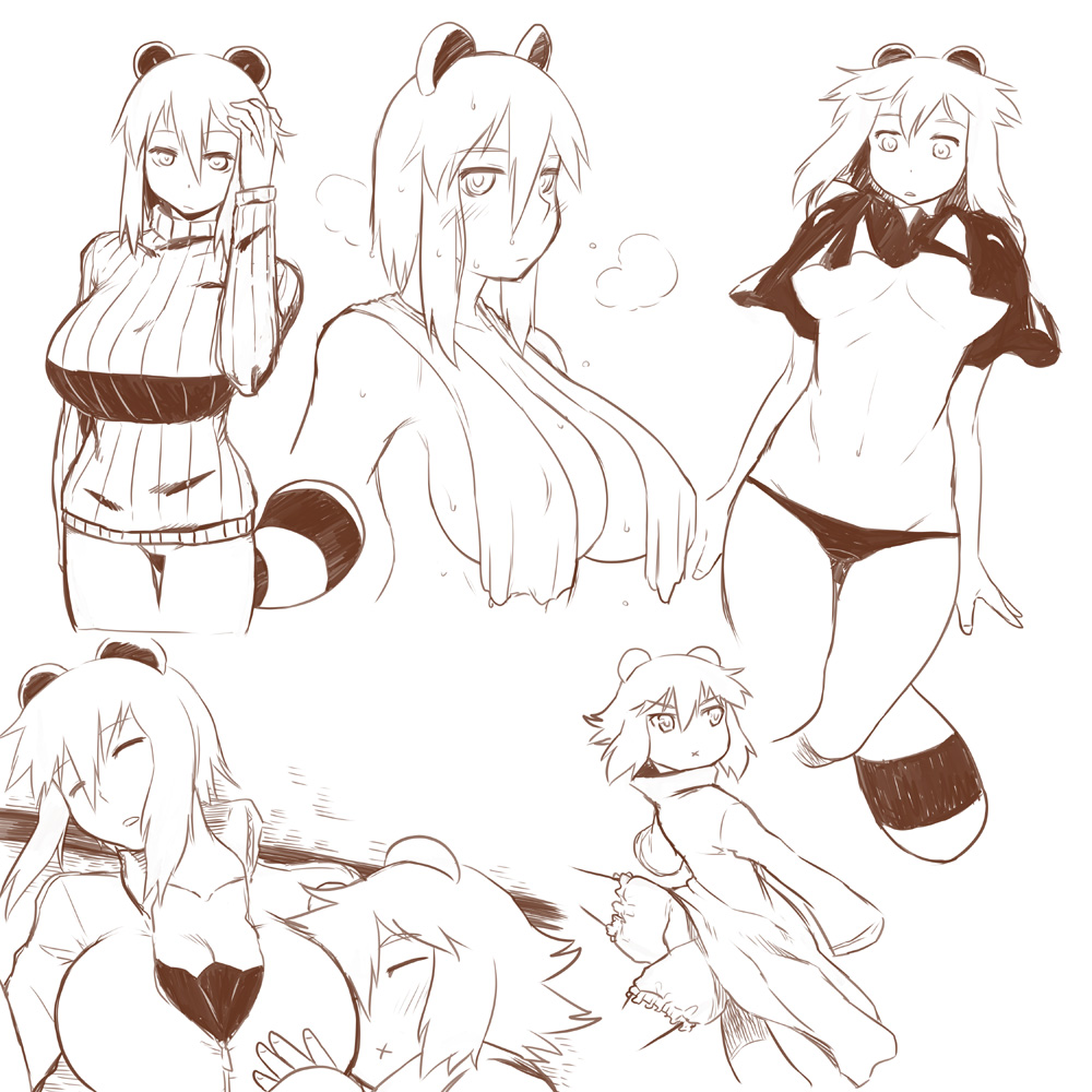 2girls, animal_ears, araiguma-san, bloomers, breasts, cleavage, collage, flat_chest