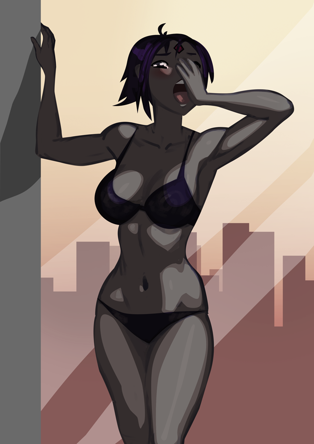 1girl, black_bra, black_panties, bra, breasts, dc_comics, facial_mark, forehead_mark