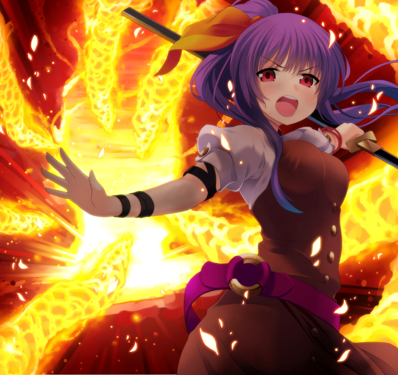 1girl, arm_ribbon, at-yui, bow, brown_dress, dress, fire, flame