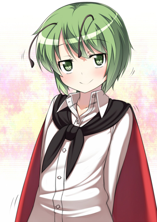 1girl, antennae, arms_behind_back, blush, cape, green_eyes, green_hair, long_sleeves