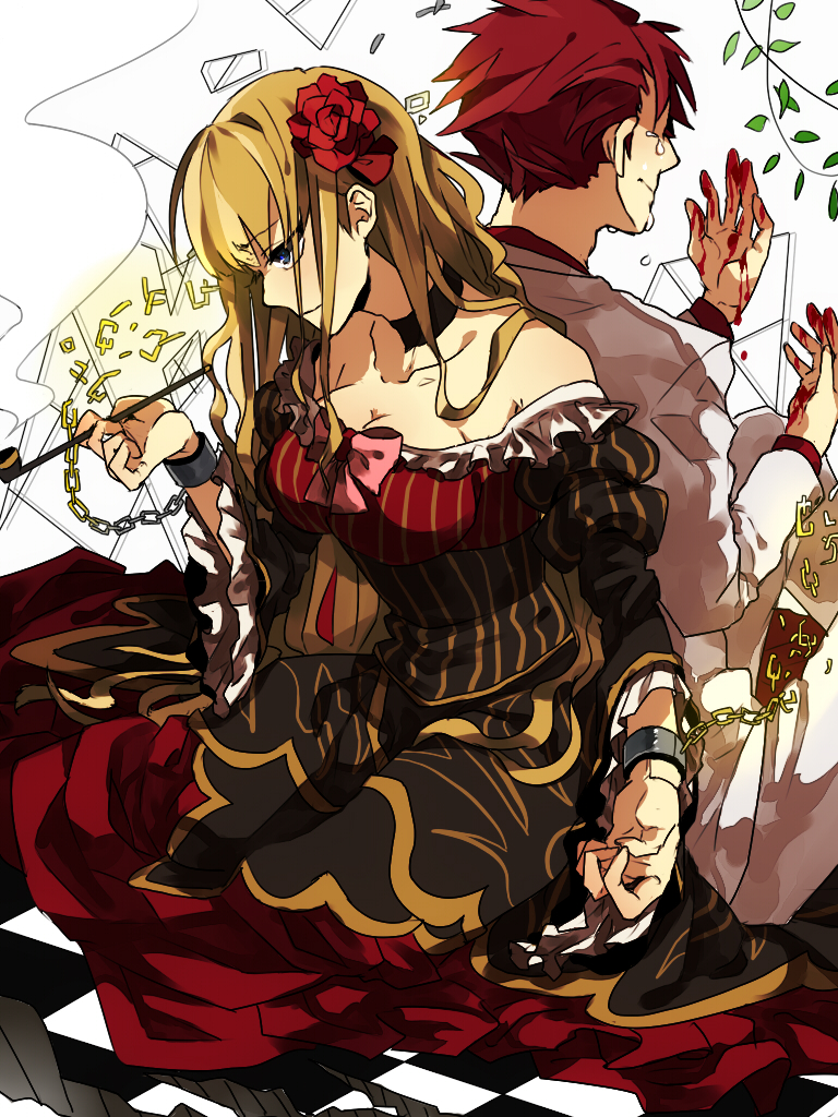 1boy, 1girl, back-to-back, beatrice, blonde_hair, blood, blood_on_fingers, blue_eyes