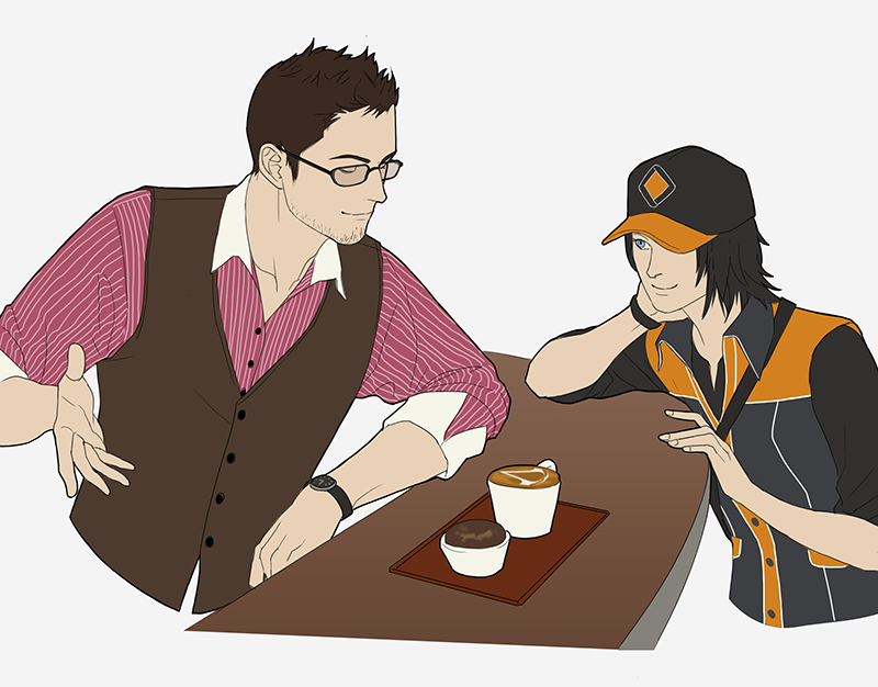 assassin's_creed, assassin's_creed_iv:_black_flag, black_hair, blue_eyes, brown_hair, coffee, gb_(doubleleaf), glasses
