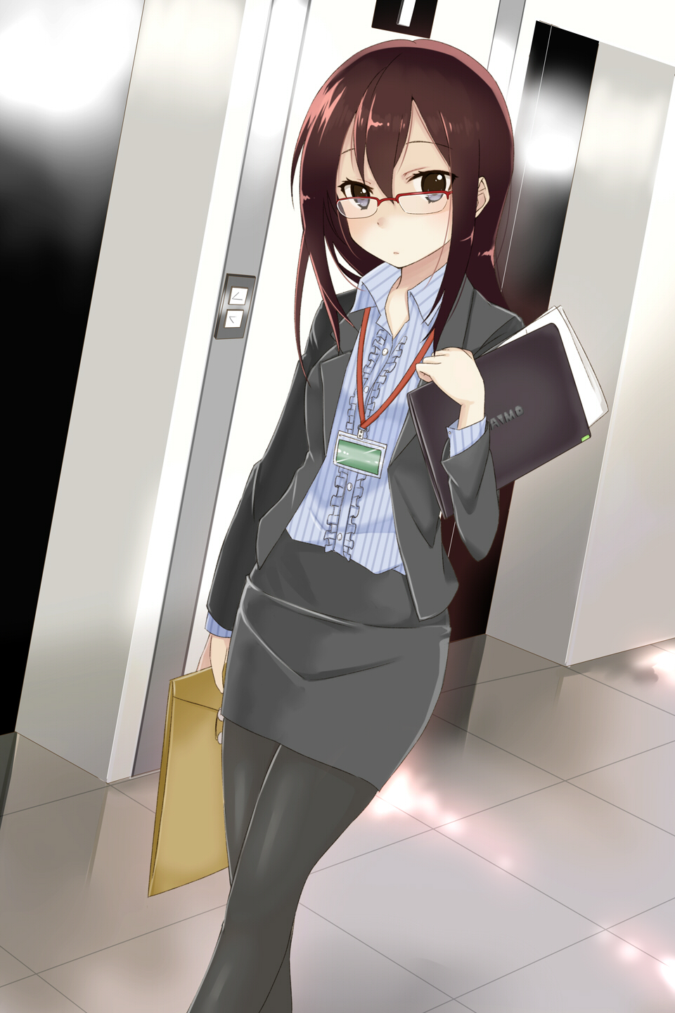07design, 1girl, black_legwear, blouse, blush, brown_hair, elevator, envelope