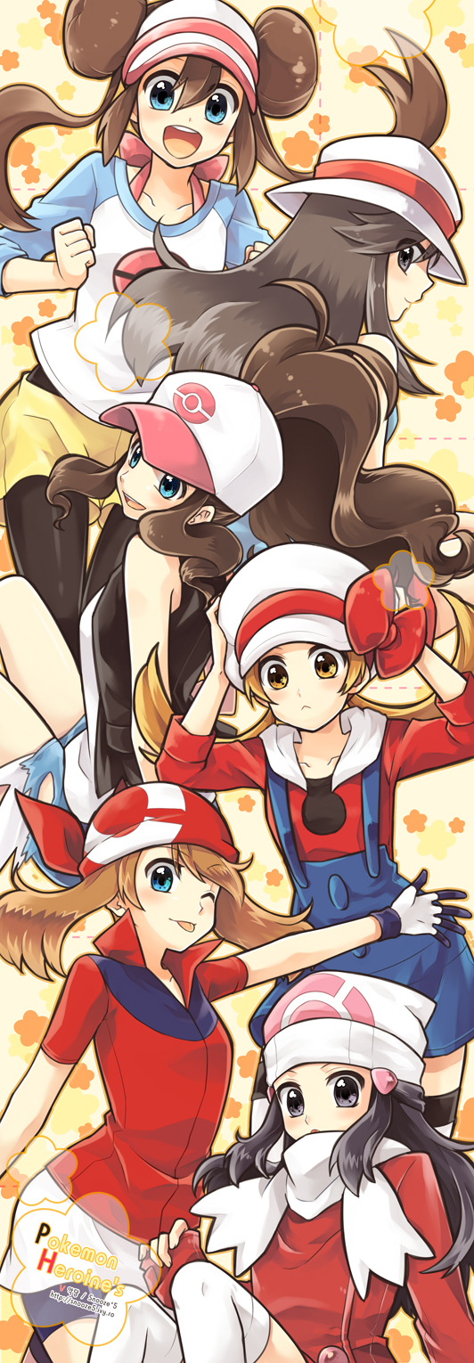 6+girls, ;p, bandana, baseball_cap, beanie, bike_shorts, black_eyes, black_hair, blue_(pokemon), blue_eyes, brown_eyes, brown_hair, cabbie_hat, denim, denim_shorts, gaedo, hair_ornament, hairclip, haruka_(pokemon), hat, hat_ribbon, hikari_(pokemon), hikari_(pokemon)_(remake), kotone_(pokemon), mei_(pokemon), multiple_girls, overalls, pantyhose, pokemon, pokemon_(game), pokemon_bw, pokemon_bw2, pokemon_dppt, pokemon_frlg, pokemon_hgss, pokemon_rse, ponytail, raglan_sleeves, ribbon, scarf, shorts, sleeveless, sleeveless_shirt, thigh-highs, tongue, touko_(pokemon), twintails, vest, visor_cap, wink, winter_clothes