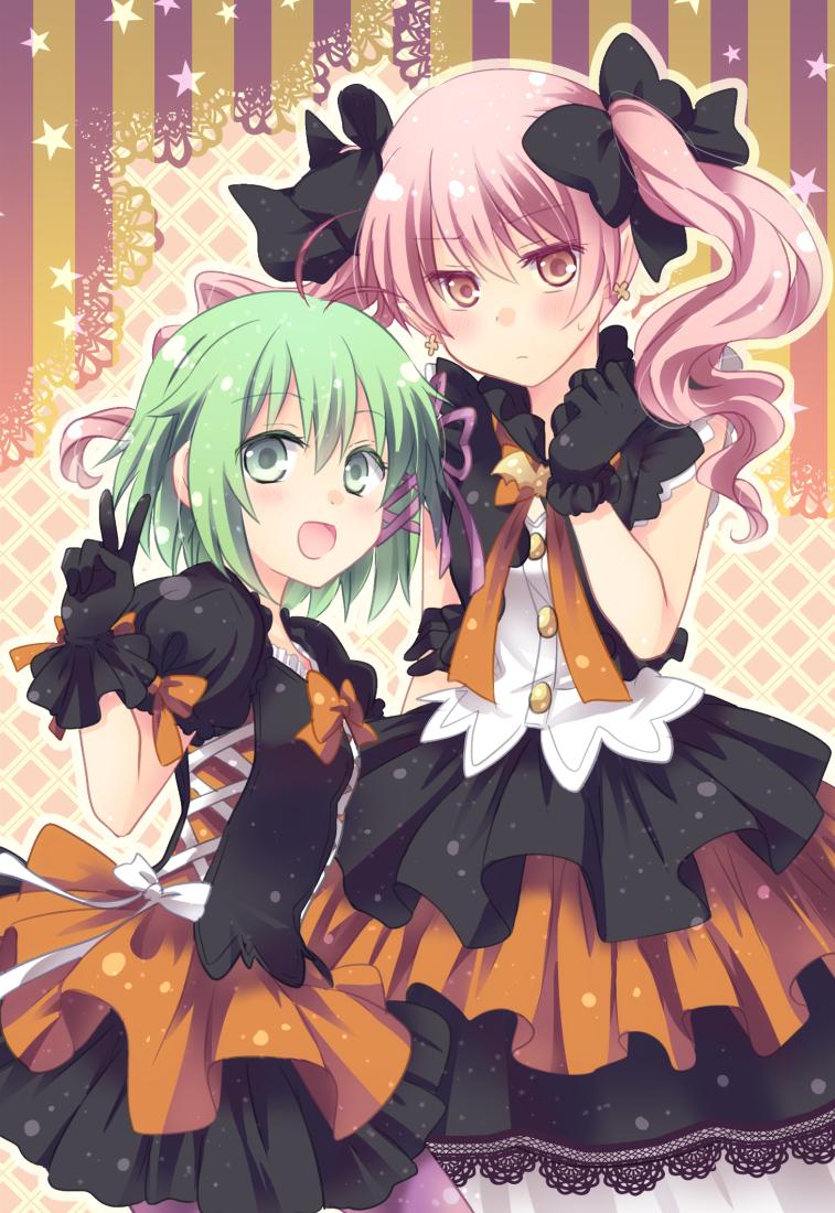 2girls, antennae, bat, blush, bow, dolce_(rune_factory), dress, earrings