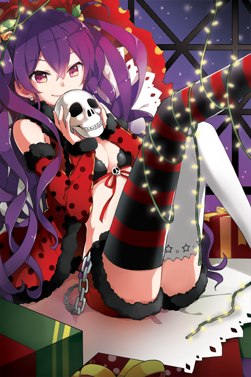 1girl, bare_shoulders, bell, bikini_top, black_legwear, box, breasts, chain