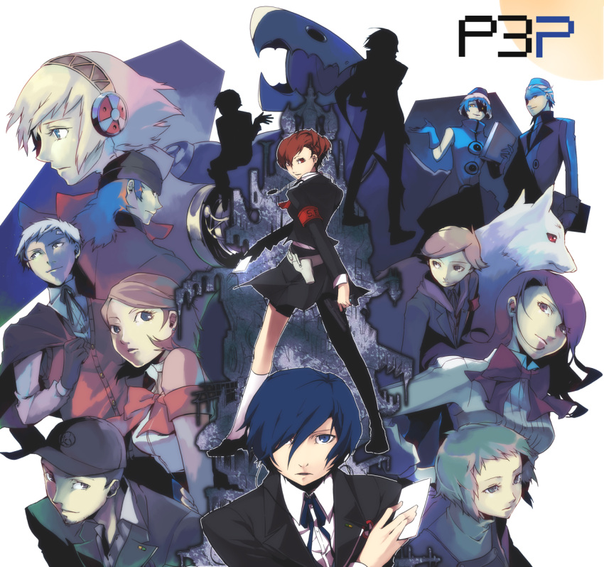 35_(pixiv), aegis, amada_ken, android, aragaki_shinjirou, arisato_minato, baseball_cap, beanie, black_hair, blonde_hair, blue_eyes, blue_hair, book, bow, brown_eyes, brown_hair, choker, dog, dress, elizabeth, elizabeth_(persona), everyone, female_protagonist_(persona_3), garrison_cap, gloves, green_hair, hair_ornament, hair_over_one_eye, hairband, hairclip, hat, headphones, highres, iori_junpei, kirijou_mitsuru, koromaru, long_hair, mochizuki_ryouji, persona, persona_3, persona_3_portable, red_eyes, red_hair, redhead, ribbon, sanada_akihiko, school_uniform, short_hair, silver_hair, skirt, smile, takeba_yukari, teodor, yamagishi_fuuka, yellow_eyes