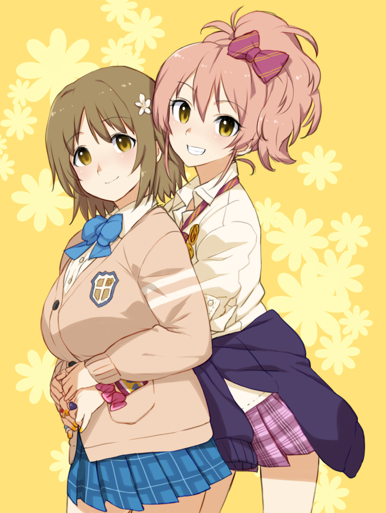 2girls, blush, bow, breasts, brown_eyes, brown_hair, cardigan, clothes_around_waist