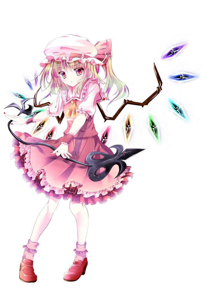 1girl, ascot, blonde_hair, flandre_scarlet, laevatein, red_eyes, short_hair, short_sleeves