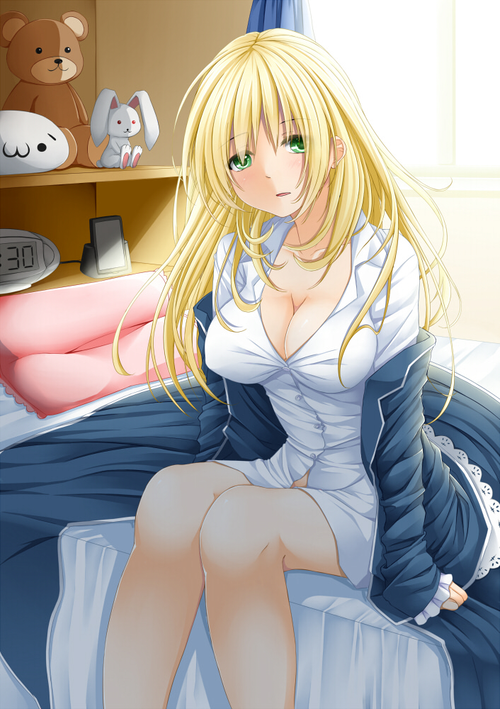 1girl, :3, atago_(kantai_collection), blanket, blonde_hair, breasts, cleavage, clock, creek_(moon-sky), green_eyes, kantai_collection, large_breasts, no_hat, open_mouth, personification, pillow, sitting, solo, stuffed_animal, stuffed_bunny, stuffed_toy, teddy_bear