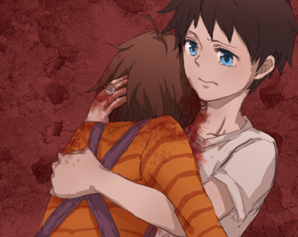 2boys, black_hair, blood, blood_on_face, bloody_clothes, blue_eyes, brown_hair, crying