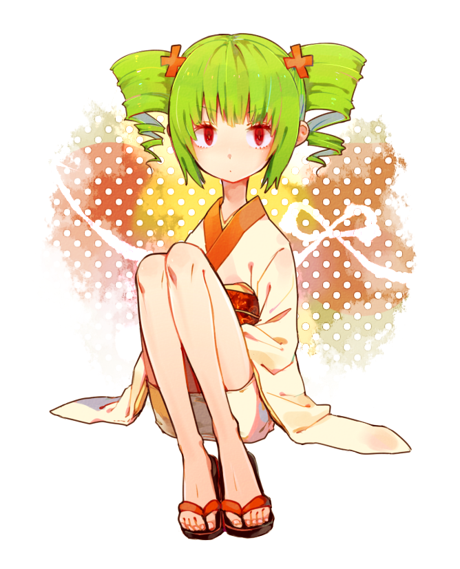 1girl, bangs, drill_hair, ears, green_hair, hair_ornament, japanese_clothes, kimono