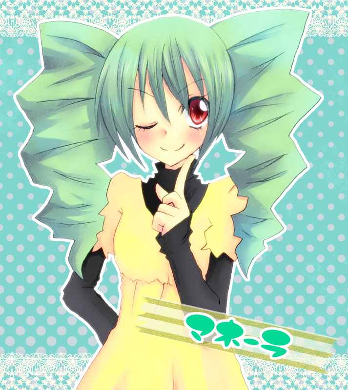 1girl, bangs, blush, collarbone, cowboy_shot, dress, drill_hair, green_hair, manera, paper_mario, payot, personification, polka_dot, red_eyes, shi0304, smile, solo, super_paper_mario, translated, twin_drills, wink, yellow_dress
