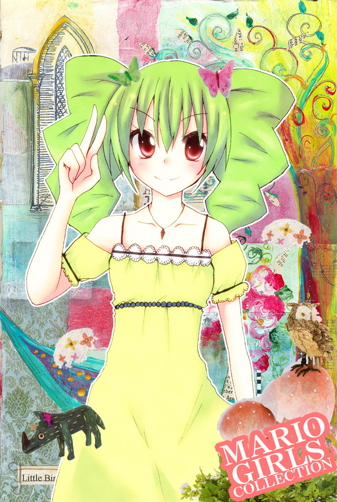 1girl, bangs, bare_shoulders, bird, butterfly, collarbone, cowboy_shot, detached_sleeves