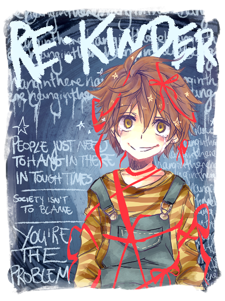 1boy, blush, blush_stickers, brown_eyes, brown_hair, crying, english, evil_grin