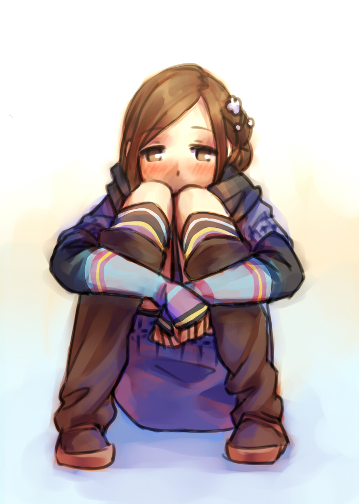 1girl, bangs, blush, boots, brown_eyes, brown_hair, fingerless_gloves, gloves