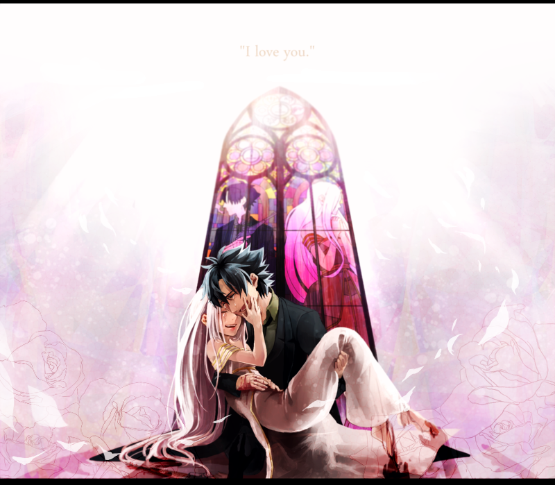 1boy, 1girl, black_hair, carrying, couple, dress, emiya_kiritsugu, fate/zero, fate_(series), fley3black, flower, hetero, husband_and_wife, irisviel_von_einzbern, long_hair, princess_carry, rose, stained_glass, white_hair