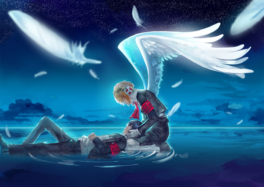 aegis, android, angel_wings, blonde_hair, blue_hair, closed_eyes, feathers, highres