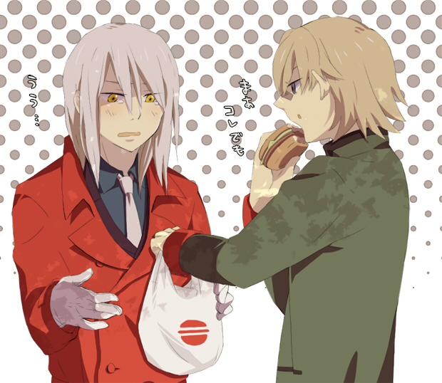 blonde_hair, blue_eyes, darker_than_black, food, gloves, goran_(darker_than_black), hamburger, leghorn