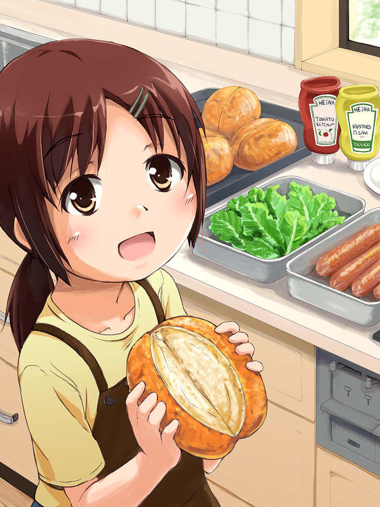 1girl, apron, beidan, blush, bottle, brown_eyes, brown_hair, food