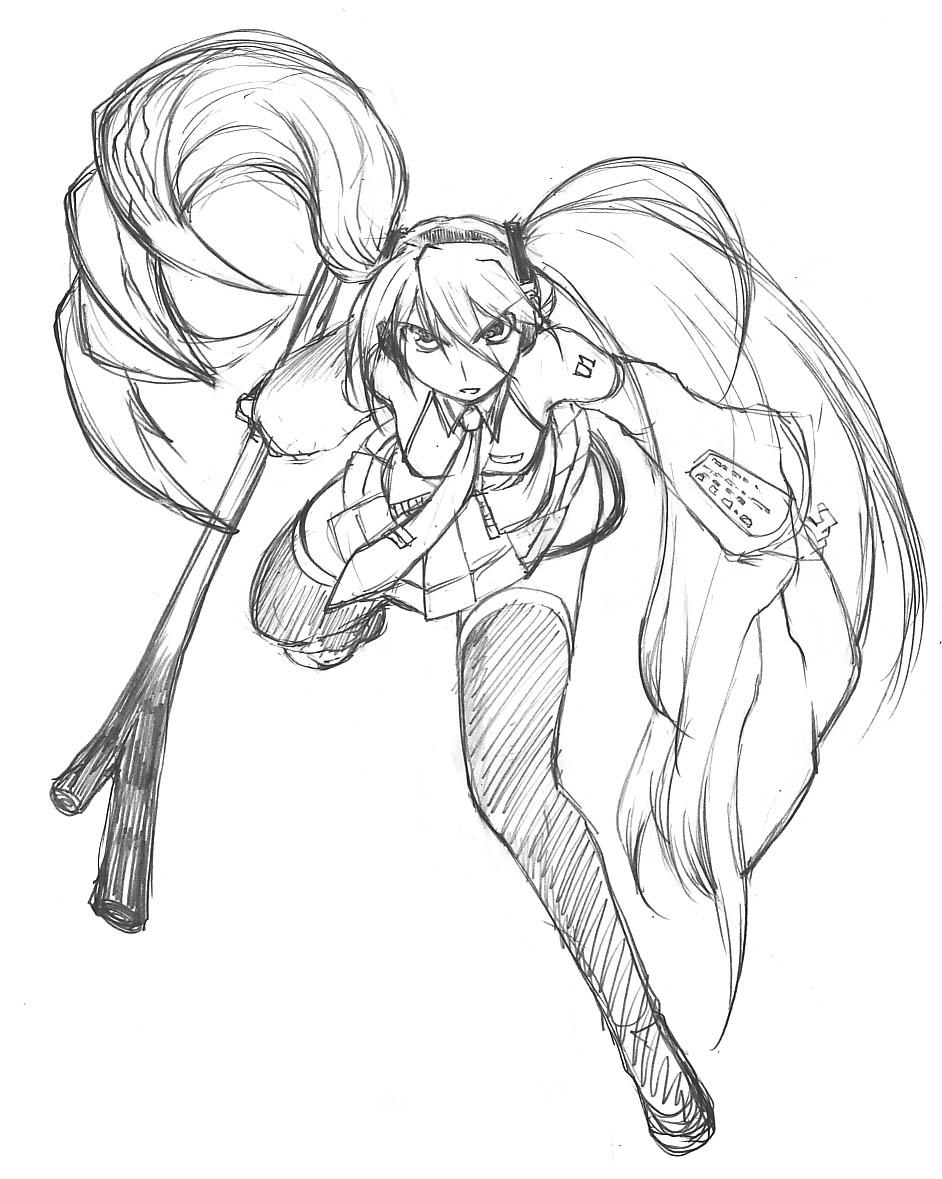1girl, detached_sleeves, hatsune_miku, keshin, long_hair, monochrome, necktie, sketch