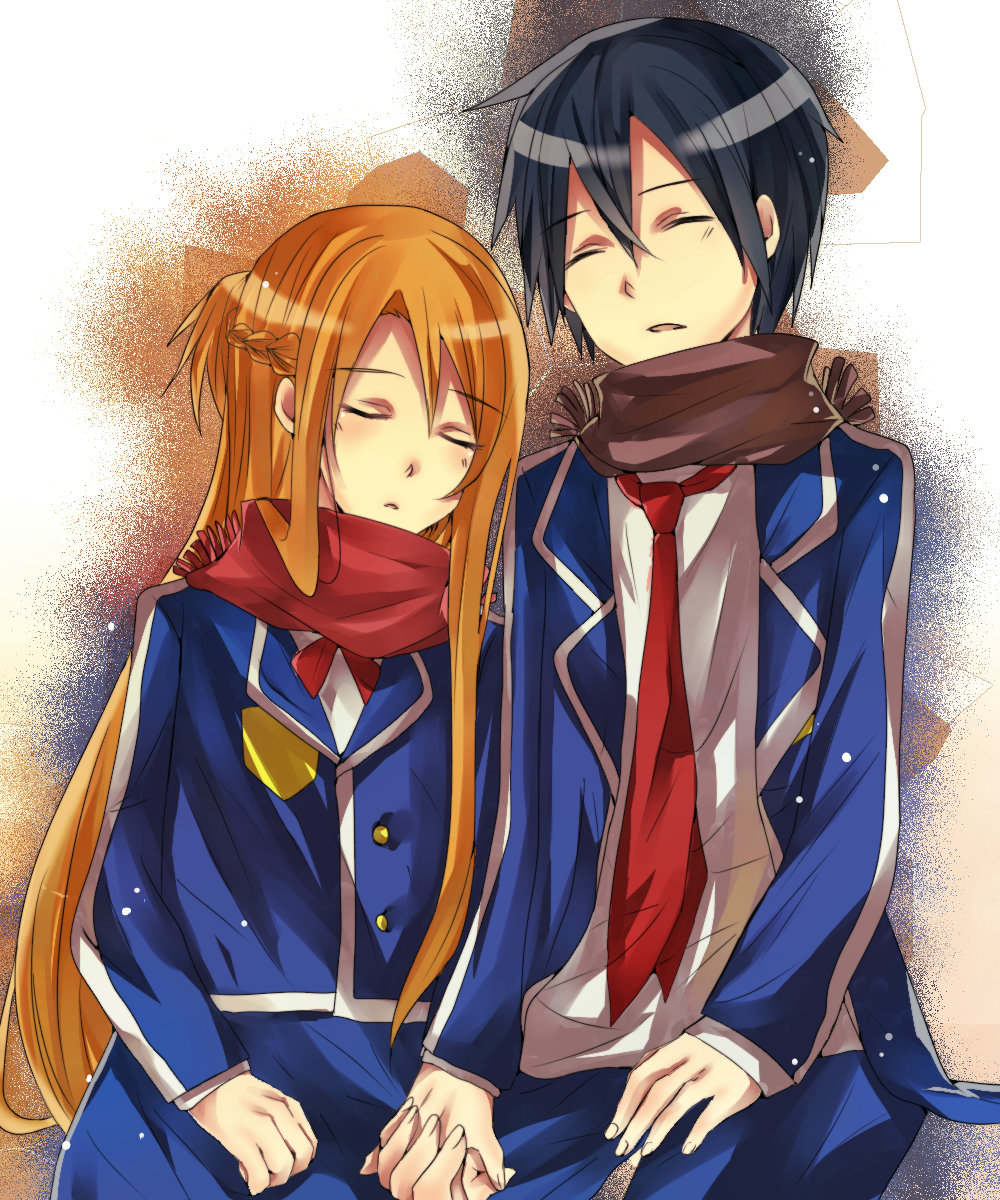 1boy, 1girl, asuna_(sao), black_hair, brown_hair, closed_eyes, couple, getsuyoubi