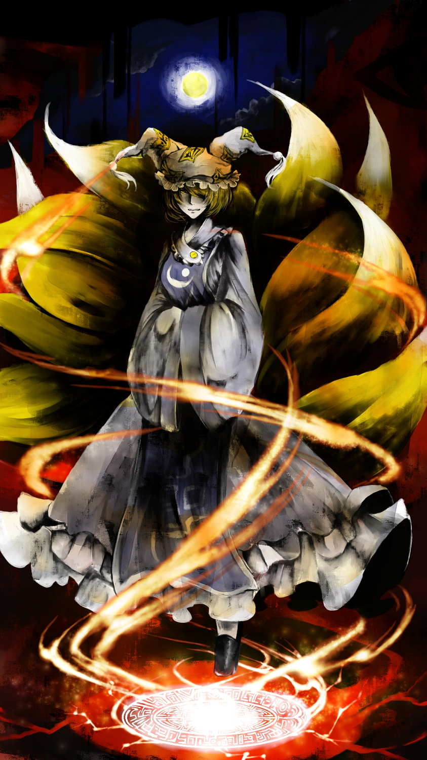 blonde_hair, collie, fox_tail, full_moon, hair_over_one_eye, hands_in_sleeves, hat, highres