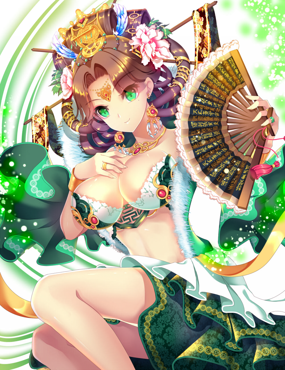 1girl, agrt, breasts, brown_hair, cleavage, earrings, fan, green_eyes