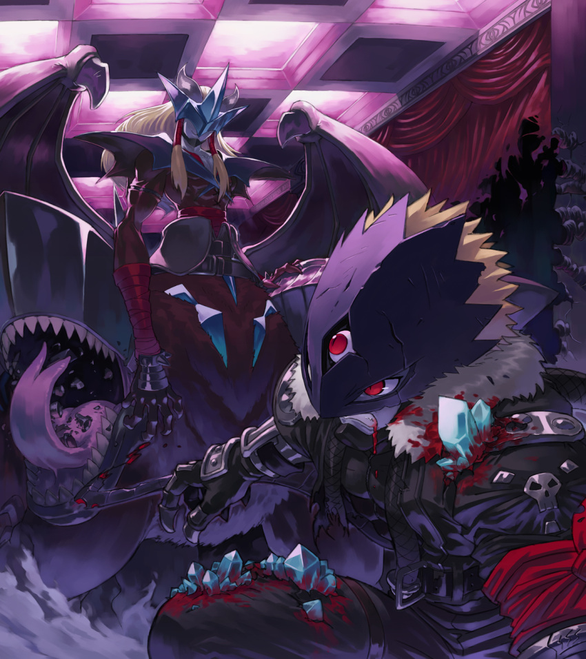 armor, battle, beelzebumon, belt, blonde_hair, blood, buckle, centauroid, claws, clenched_teeth, crack, crystal, damaged, demon_wings, digimon, extra_mouth, forked_tongue, fur_coat, gauntlets, grandracmon, grin, hair_tubes, highres, horns, injury, kazkazkaz, long_hair, mask, monster, no_humans, red_eyes, sharp_teeth, short_hair, smile, spikes, tail, third_eye, tongue, torn_clothes, wings