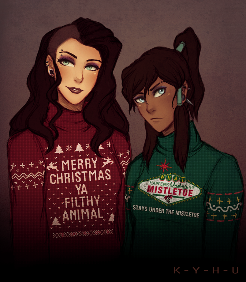 2girls, asami_sato, avatar_legends, blue_eyes, brown_hair, christmas, dark_skin, ear_piercing