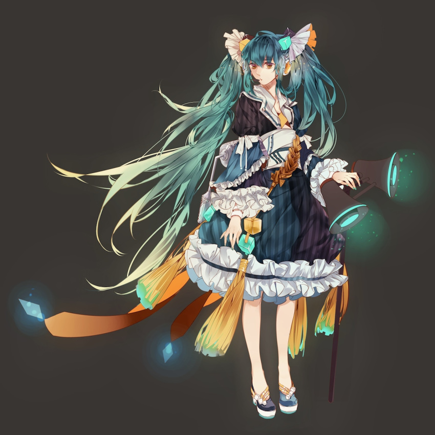 1girl, aqua_hair, brown_eyes, dress, frills, glowing, hatsune_miku, headphones