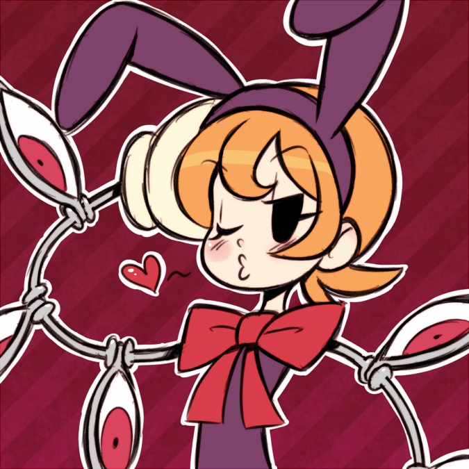 1girl, animal_ears, black_eyes, blush, bow, child, extra_eyes, fake_animal_ears, gias-ex-machella, gloves, heart, peacock_(skullgirls), pursed_lips, rabbit_ears, red_background, short_hair, skullgirls, solo, striped, striped_background, tagme, wink