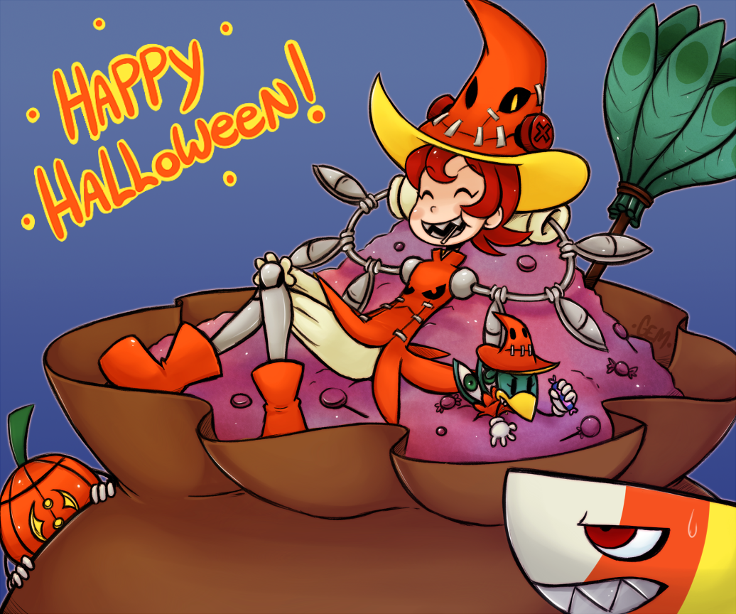 1girl, andy_anvil, arms_behind_head, artist_name, avery_(skullgirls), blue_background, blush_stickers, candy