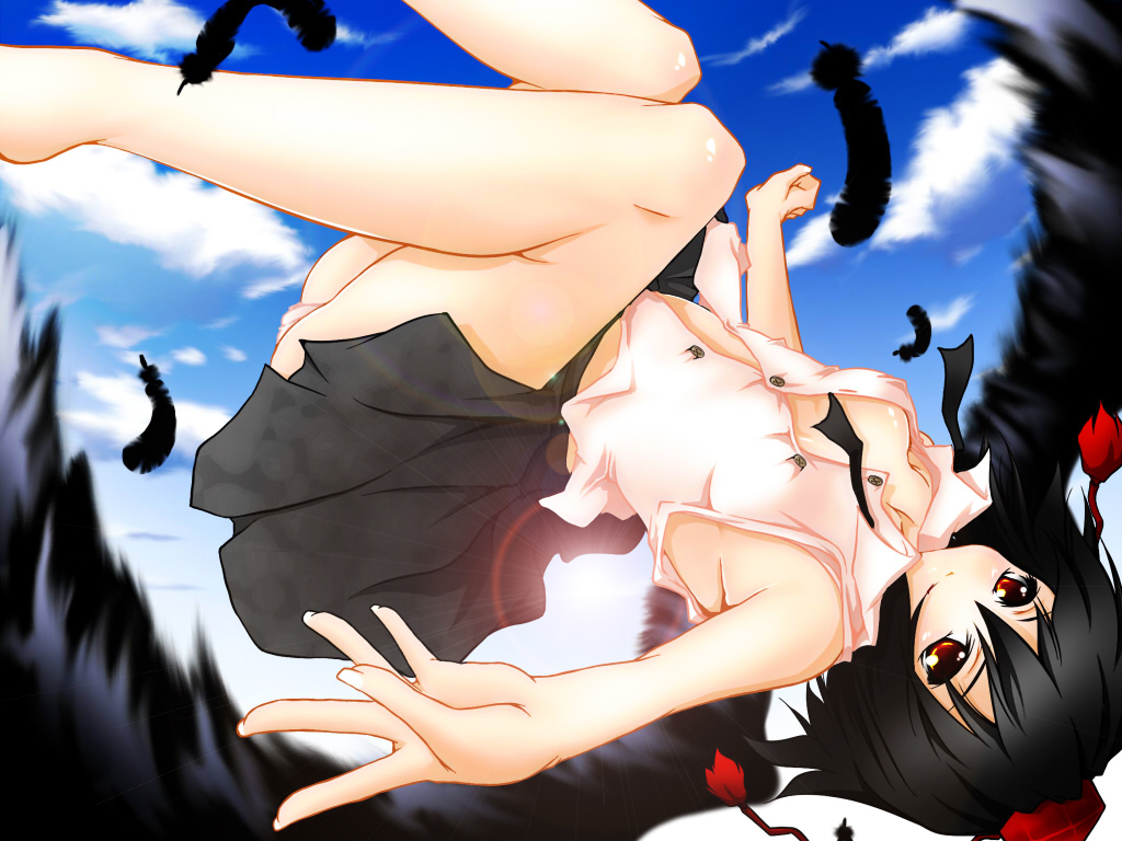 black_wings, feathers, harushioto, haruyonoto, hat, lens_flare, red_eyes, shameimaru_aya