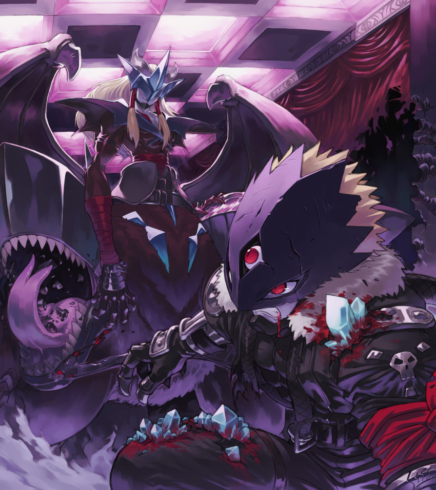 armor, battle, beelzebumon, belt, blonde_hair, blood, buckle, centauroid, claws, clenched_teeth, crack, crystal, damaged, demon_wings, digimon, extra_mouth, forked_tongue, fur_coat, gauntlets, grandracmon, grin, hair_tubes, highres, horns, injury, kazkazkaz, long_hair, mask, monster, no_humans, red_eyes, revision, sharp_teeth, short_hair, smile, spikes, tail, third_eye, tongue, torn_clothes, wings